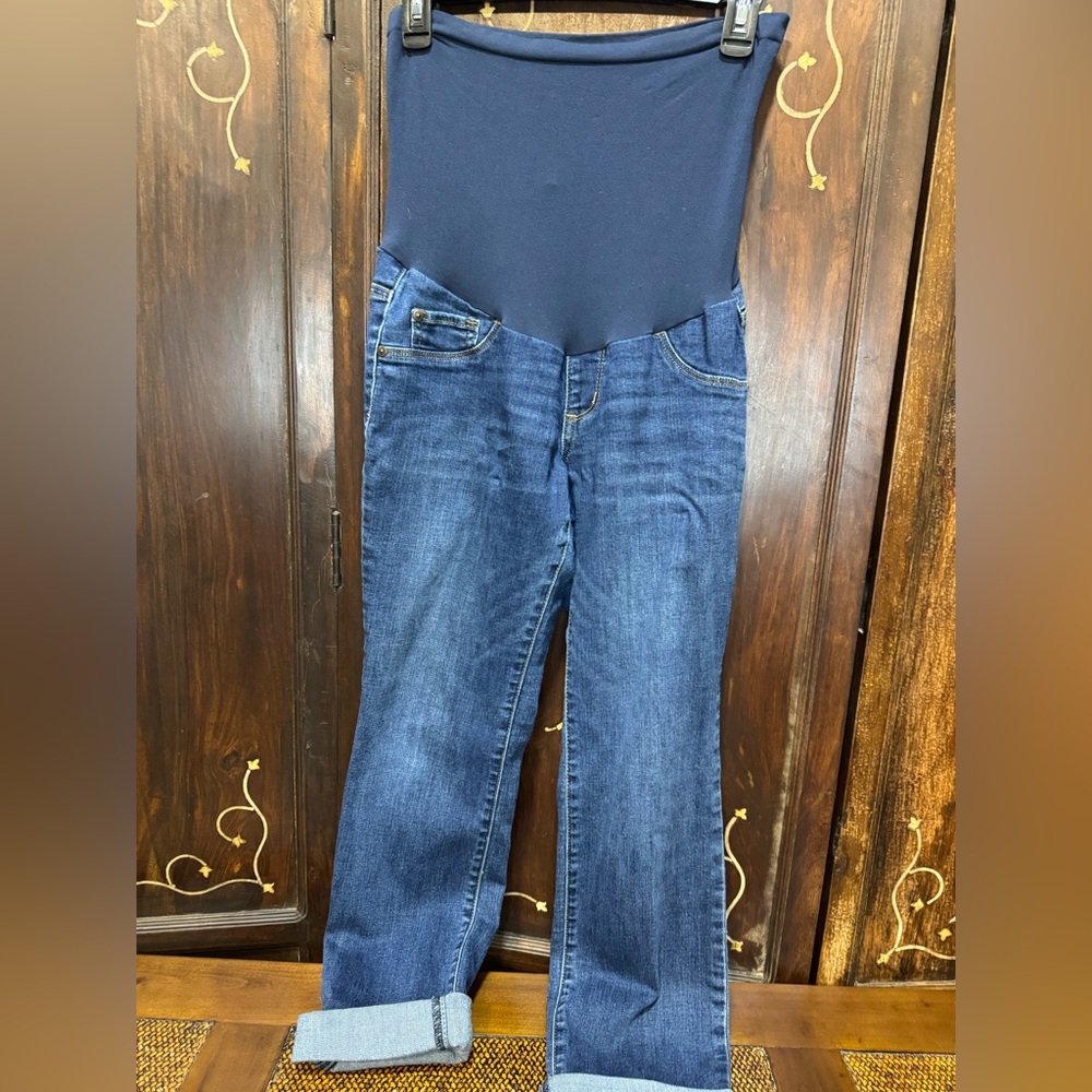 Indigo Blue Ankle Cropped Maternity Jeans in Classic Blue